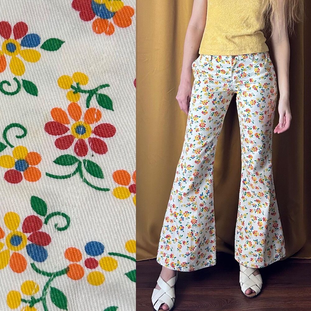 Vintage 1960s Wrangler Low Rise Floral Print Bell Bottoms, XS